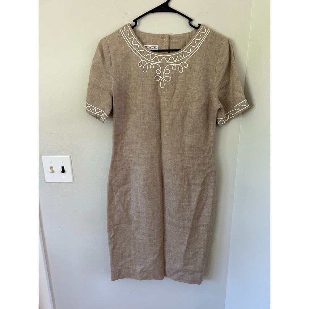 Vintage Talbots 100% Linen Dress Button-Back Closure Embellished Neckline Size 6